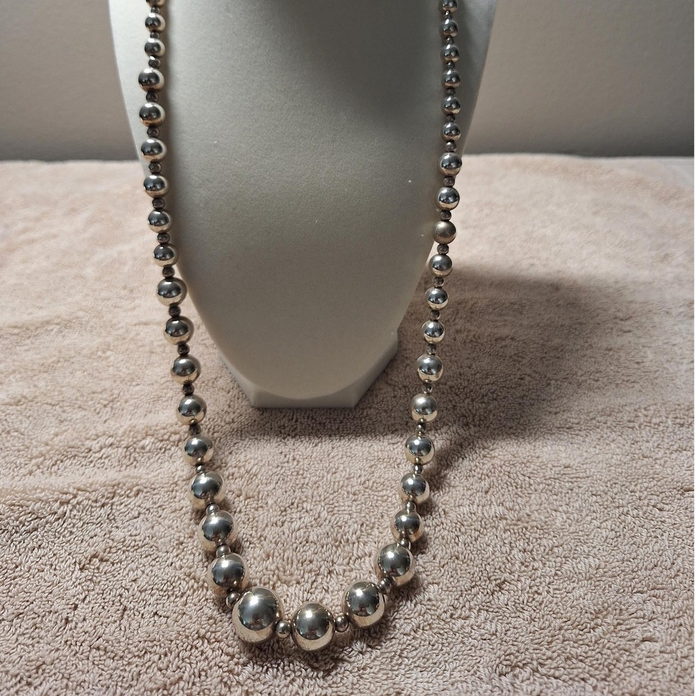 Sterling silver beaded necklace graduated LARGE LONG HEAVY